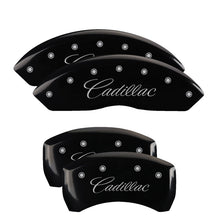 Load image into Gallery viewer, MGP 4 Caliper Covers Engraved F &amp; R Cursive/Cadillac Black Finish Silver Char 2017 Cadillac XT5
