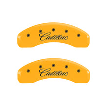 Load image into Gallery viewer, MGP 4 Caliper Covers Engraved Front &amp; Rear Cursive/Cadillac Yellow finish black ch
