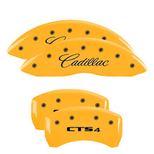 Load image into Gallery viewer, MGP 4 Caliper Covers Engraved Front Cursive/Cadillac Engraved Rear CTS4 Yellow finish black ch
