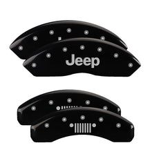 Load image into Gallery viewer, MGP 4 Caliper Covers Engraved Front Jeep Rear Grill Logo Black Finish Silver Char 2019 Jeep Wrangler
