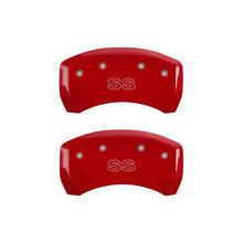 Load image into Gallery viewer, MGP 4 Caliper Covers Engraved Front Gen 4/Camaro Engraved Rear Gen 4/SS Red finish silver ch

