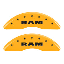 Load image into Gallery viewer, MGP 4 Caliper Covers Engraved Front Ram Rear Ramhead Yellow Finish Black Char 2010 Dodge Ram 2500
