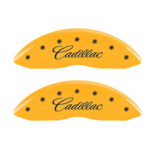Load image into Gallery viewer, MGP 4 Caliper Covers Engraved F &amp; R Cursive/Cadillac Yellow Finish Black Char 2010 Cadillac SRX
