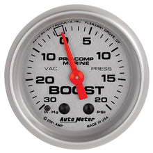 Load image into Gallery viewer, Autometer Marine Silver Ultra-Lite 2-1/16in 0-30 HG / 0-20 PSI Vacuum / Boost Gauge
