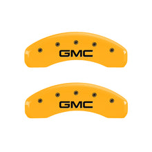 Load image into Gallery viewer, MGP 4 Caliper Covers Engraved Front &amp; Rear GMC Yellow finish black ch

