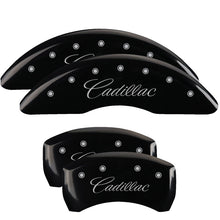 Load image into Gallery viewer, MGP 4 Caliper Covers Engraved F &amp; R Cursive/Cadillac Black Finish Silver Char 2016 Cadillac CT6
