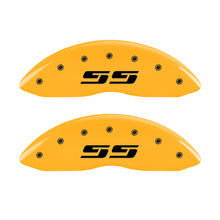 Load image into Gallery viewer, MGP 4 Caliper Covers Engraved F &amp; R Silverado SS Yellow Finish Black Char 2002 Chevy Silverado 1500
