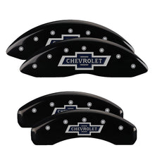 Load image into Gallery viewer, MGP 4 Caliper Covers Engraved F &amp; R 100th Anniv Black Finish Silver Char 2019 Chevy Silverado 1500
