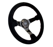 Load image into Gallery viewer, NRG Reinforced Steering Wheel (350mm / 3in. Deep) Blk Suede w/Red BBall Stitch &amp; Black 3-Spoke
