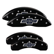 Load image into Gallery viewer, MGP 4 Caliper Covers Engraved Front &amp; Rear Chevrolet 100 Anniversary Logo Black Finish Silver Charac
