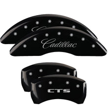 Load image into Gallery viewer, MGP 4 Caliper Covers Engraved Front Cursive/Cadillac Engraved Rear CTS Black finish silver ch
