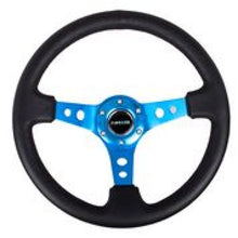 Load image into Gallery viewer, NRG Reinforced Steering Wheel (350mm / 3in. Deep) Blk Leather w/Blue Circle Cutout Spokes
